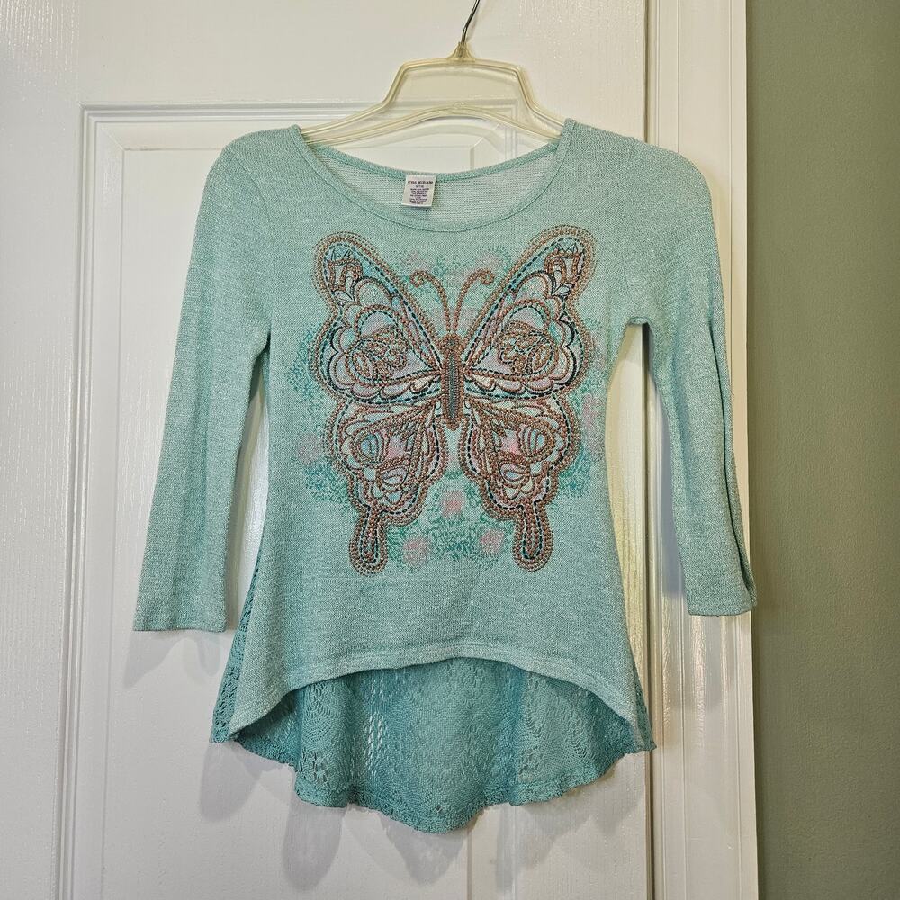 Miss Attitude Girl's Size S (7/8) Teal Butterfly Hi-Low‎ Shirt